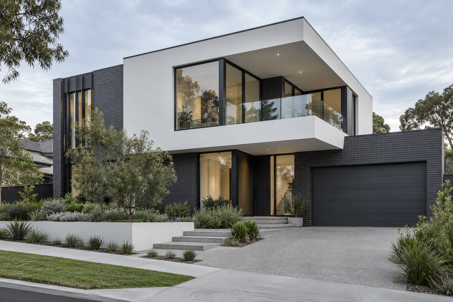 Modern residential building with rendered walls, brickwork and large windows